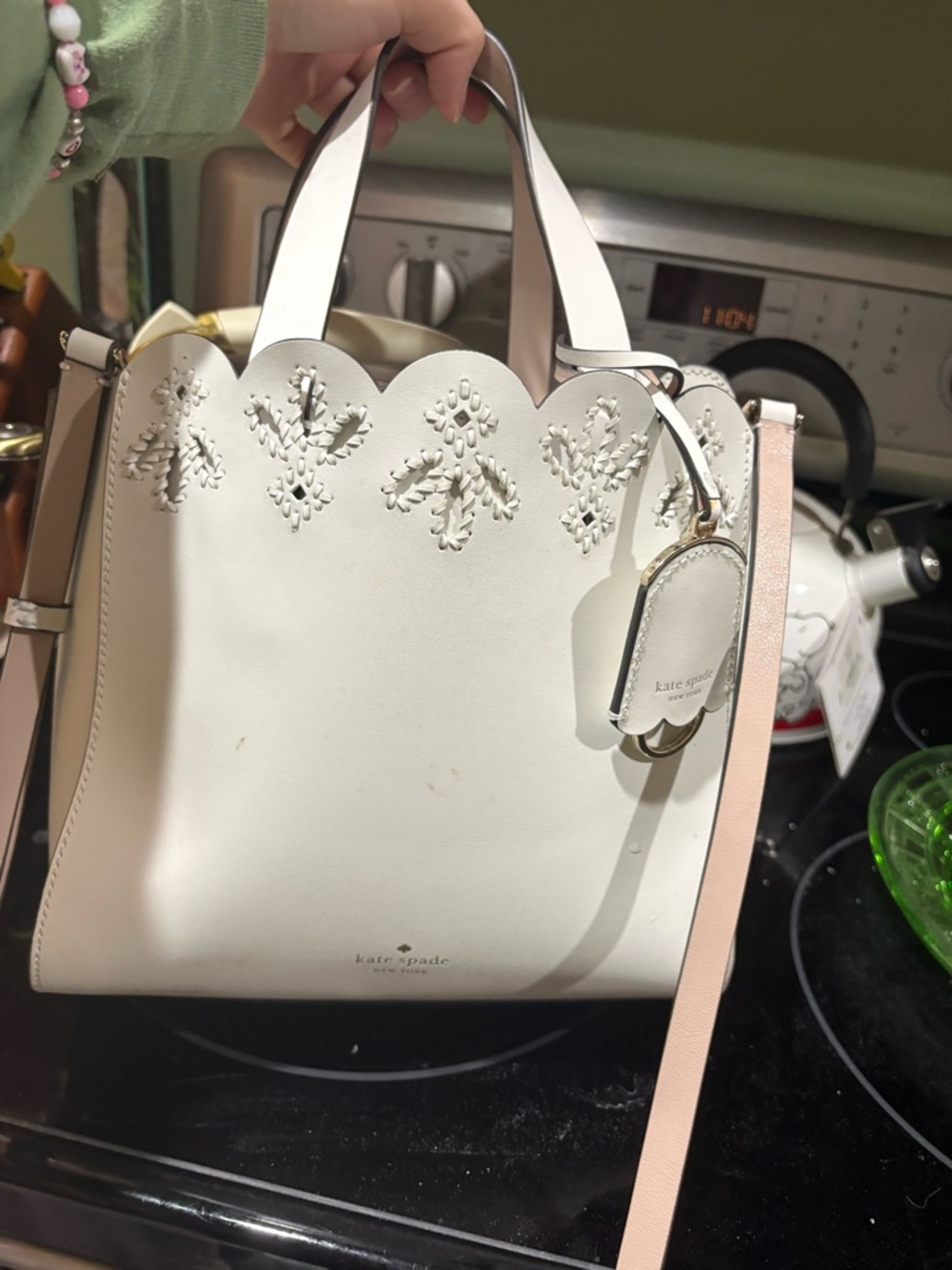 kate spade White Leather Scalloped Tote with Pink Strap